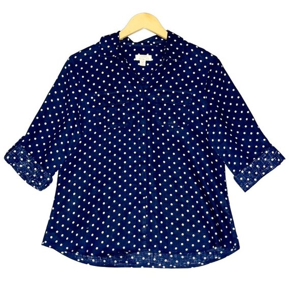 Charter Club Luxury Linen Navy White Polka Dot Button Up Roll Tab Size M Petite - Picture 1 of 12